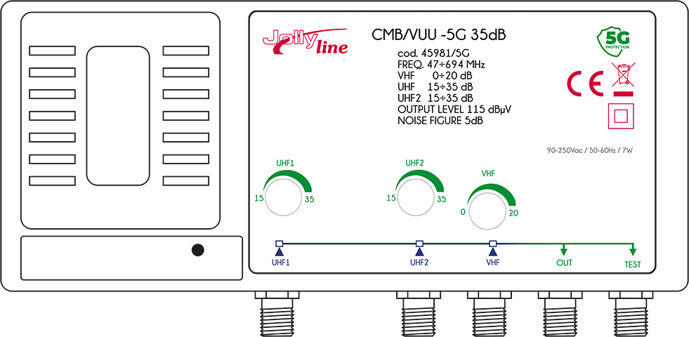 Centralino da muro 3 ingressi separati regolabili - VHF, UHF, e UHF - attacco F - 115dBµV - 35 dB - con filtro 5G certificato JOL45981 Centralino da muro 3 ingressi separati regolabili - VHF, UHF, e UHF - attacco F - 115dBµV - 35 dB - con filtro 5G certificato JOL45981